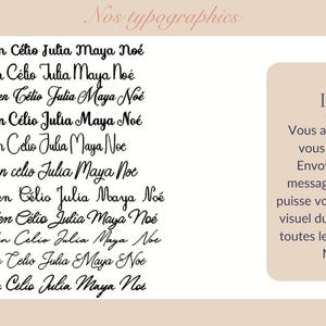 Op de afbeelding: Een typografietabel met elf verschillende zwarte scriptlettertypes, elk met de namen Alba, Eden, C&eacute;lio, Julia, Maya en No&eacute;. Een beige informatievak aan de rechterkant bevat een megafoonpictogram en Franse tekst over voorbeelden van lettertypes.