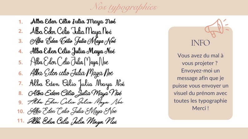 Op de afbeelding: Een typografietabel met elf verschillende zwarte scriptlettertypes, elk met de namen Alba, Eden, C&eacute;lio, Julia, Maya en No&eacute;. Een beige informatievak aan de rechterkant bevat een megafoonpictogram en Franse tekst over voorbeelden van lettertypes.