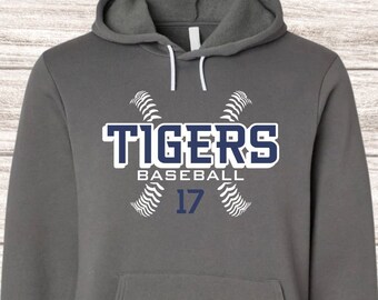 Sudadera con capucha con cordones de béisbol personalizable con tu elección de ciudad, nombre de mascota o equipo, y número, color de camiseta y logotipo, para adultos