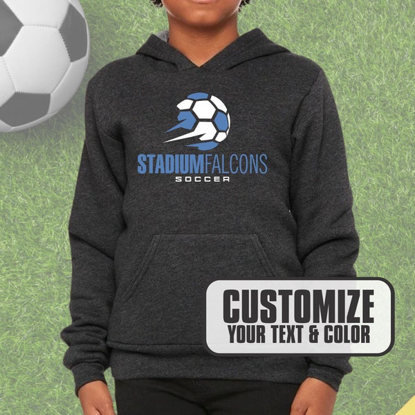 Custom Soccer Team Game Day Hooded Sweatshirt with your choice of city or school, mascot or select team name, shirt & logo colors for kids