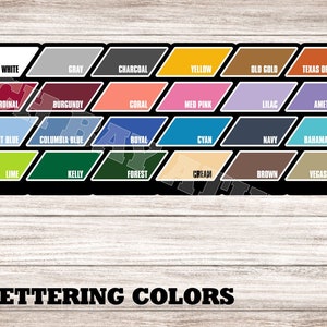 Puede incluir: Una tabla de colores de letras para Birch Bay Athletics. La tabla muestra 36 muestras de colores diferentes con el nombre del color impreso debajo de cada muestra.