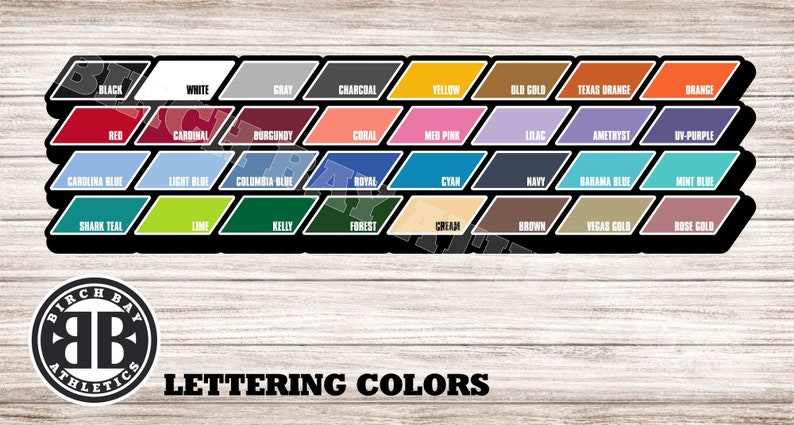 Puede incluir: Una tabla de colores de letras para Birch Bay Athletics. La tabla muestra 36 muestras de colores diferentes con el nombre del color impreso debajo de cada muestra.