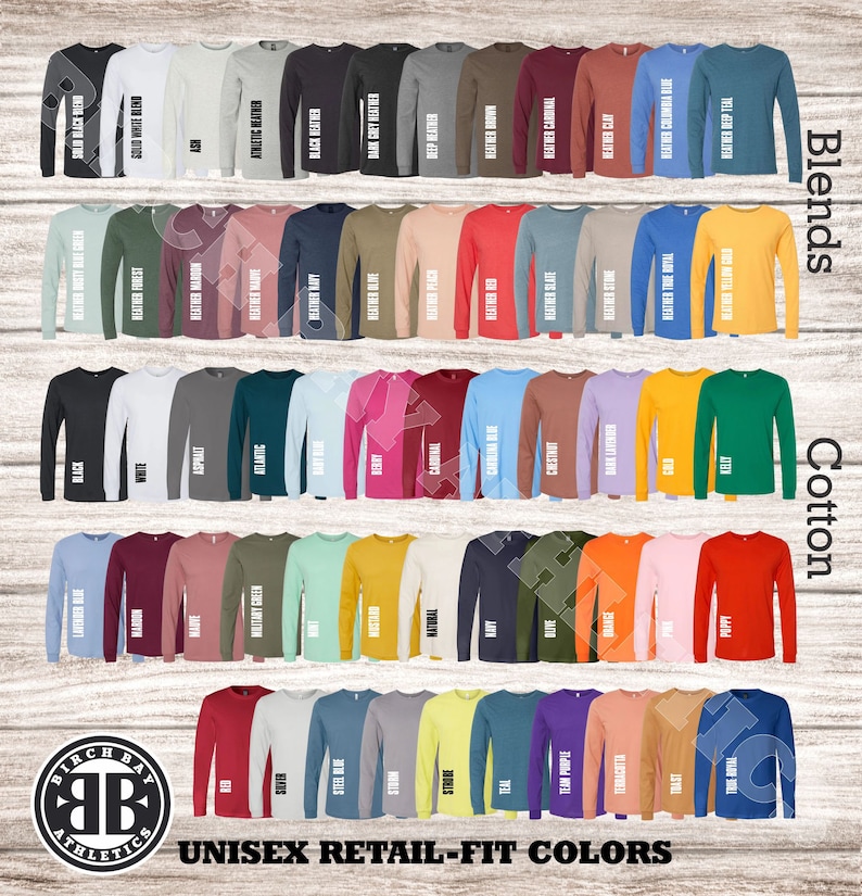 Puede incluir: Una tabla de colores de camisetas de manga larga, que muestra una variedad de colores en algod&oacute;n y mezclas. La tabla est&aacute; etiquetada como "Colores Unisex Retail-Fit" e incluye el nombre de la marca "Birch Bay Athletics".