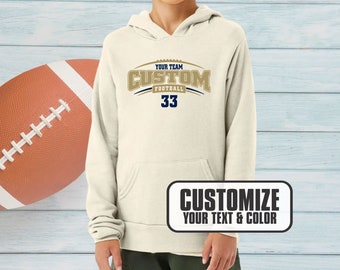 Customizable Football Hooded Sweatshirt with your choice of city or school, mascot or team name, number, shirt & logo colors, for kids
