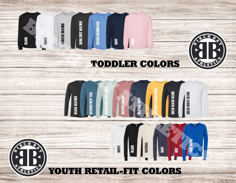 Puede incluir: Un gr&aacute;fico que muestra las diferentes opciones de color para camisas de manga larga para ni&ntilde;os peque&ntilde;os y j&oacute;venes. Las camisas son de Birch Bay Athletics. Los colores incluyen negro, blanco, gris deportivo, gris oscuro, azul Columbia, azul marino, rosa, gris negro, azul verde, azul polvoriento, malva, azul marino, amarillo dorado, mezcla negra s&oacute;lida, mezcla blanca s&oacute;lida, blanco, negro, natural, azul marino, rojo y azul real.