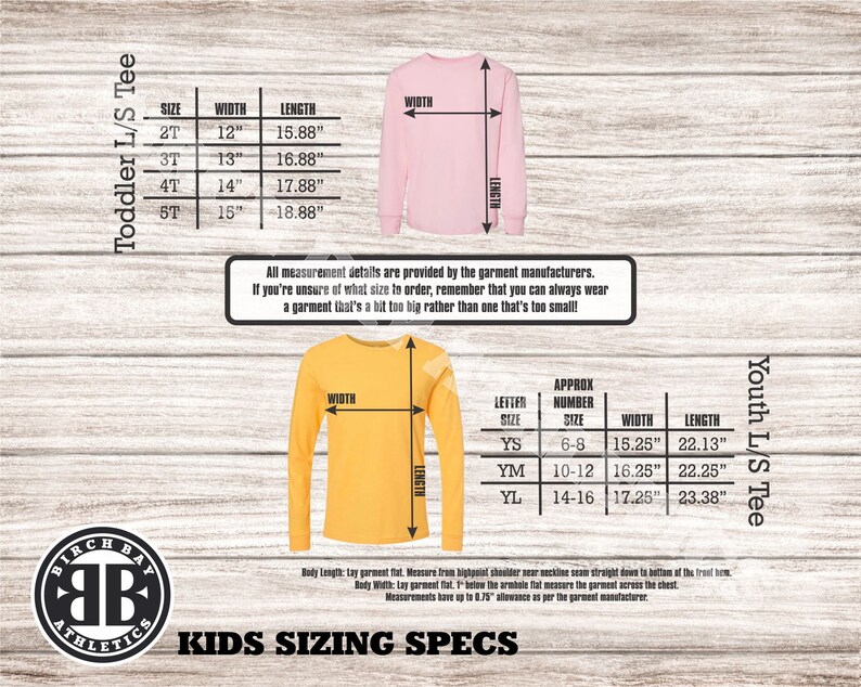 Puede incluir: Un gr&aacute;fico con informaci&oacute;n de tallas para camisetas de manga larga para ni&ntilde;os peque&ntilde;os y j&oacute;venes. El gr&aacute;fico incluye medidas de ancho y largo en pulgadas. El gr&aacute;fico tambi&eacute;n incluye una descripci&oacute;n de c&oacute;mo medir la prenda para un ajuste adecuado.