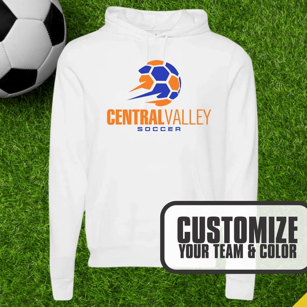 Custom Soccer Team Game Day Hooded Sweatshirt w/ your choice of city or school, mascot or select team name, shirt & logo colors, for adults