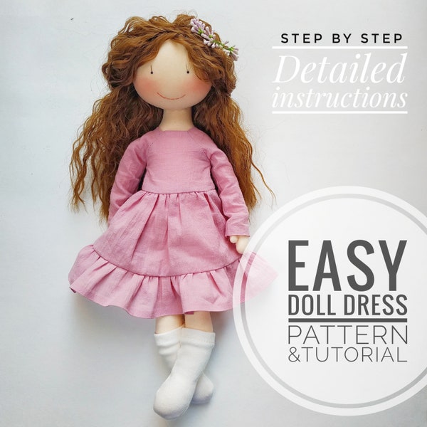 PATRON fácil vestido con volantes para muñeca de 12-14 pulgadas, Vestido para muñeca TUTORIAL PDF