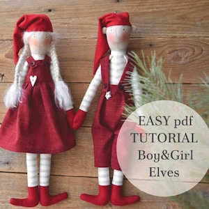Puede incluir: Un tutorial en PDF para hacer una muñeca elfo niño y niña. Las muñecas están hechas de tela y tienen piernas a rayas rojas y blancas. Las muñecas se están dando la mano. El texto de la imagen dice "EASY pdf TUTORIAL Boy&Girl Elves".