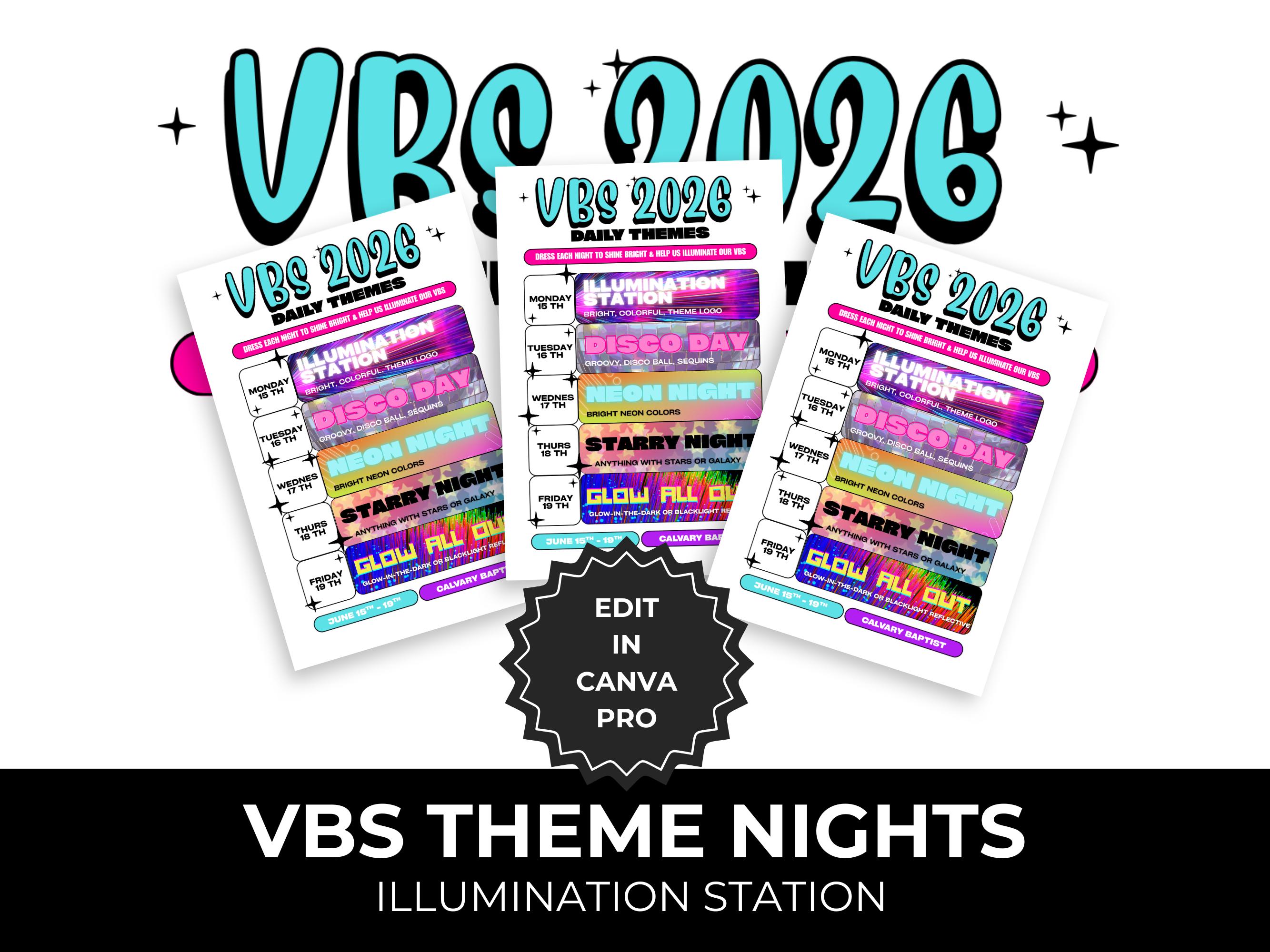 Vbs Layout Editable Illumination Station VBS 2026 Daily Themes Schedule | Glow Theme Dress ...