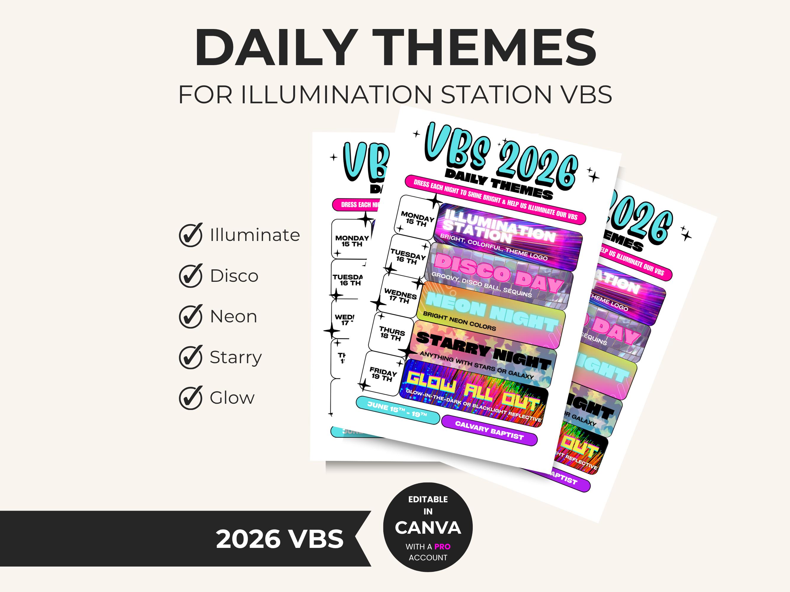 Vbs Layout Editable Illumination Station VBS 2026 Daily Themes Schedule | Glow Theme Dress ...