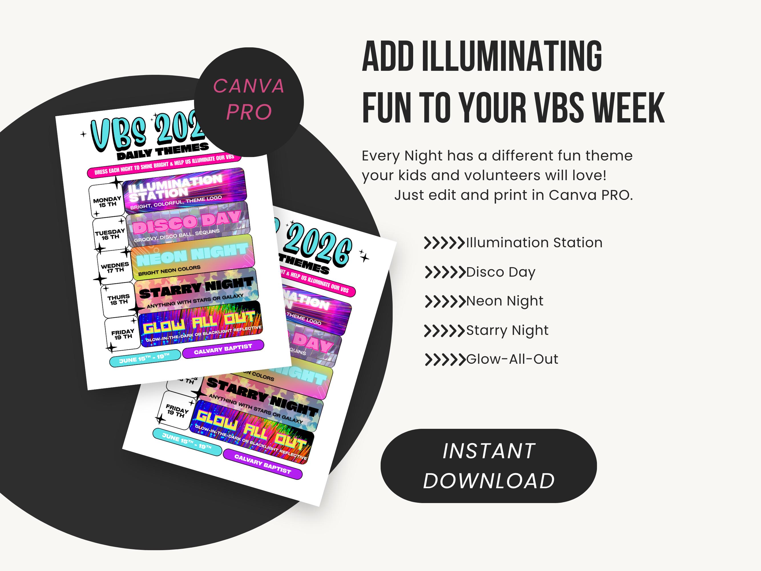 Vbs Layout Editable Illumination Station VBS 2026 Daily Themes Schedule | Glow Theme Dress ...