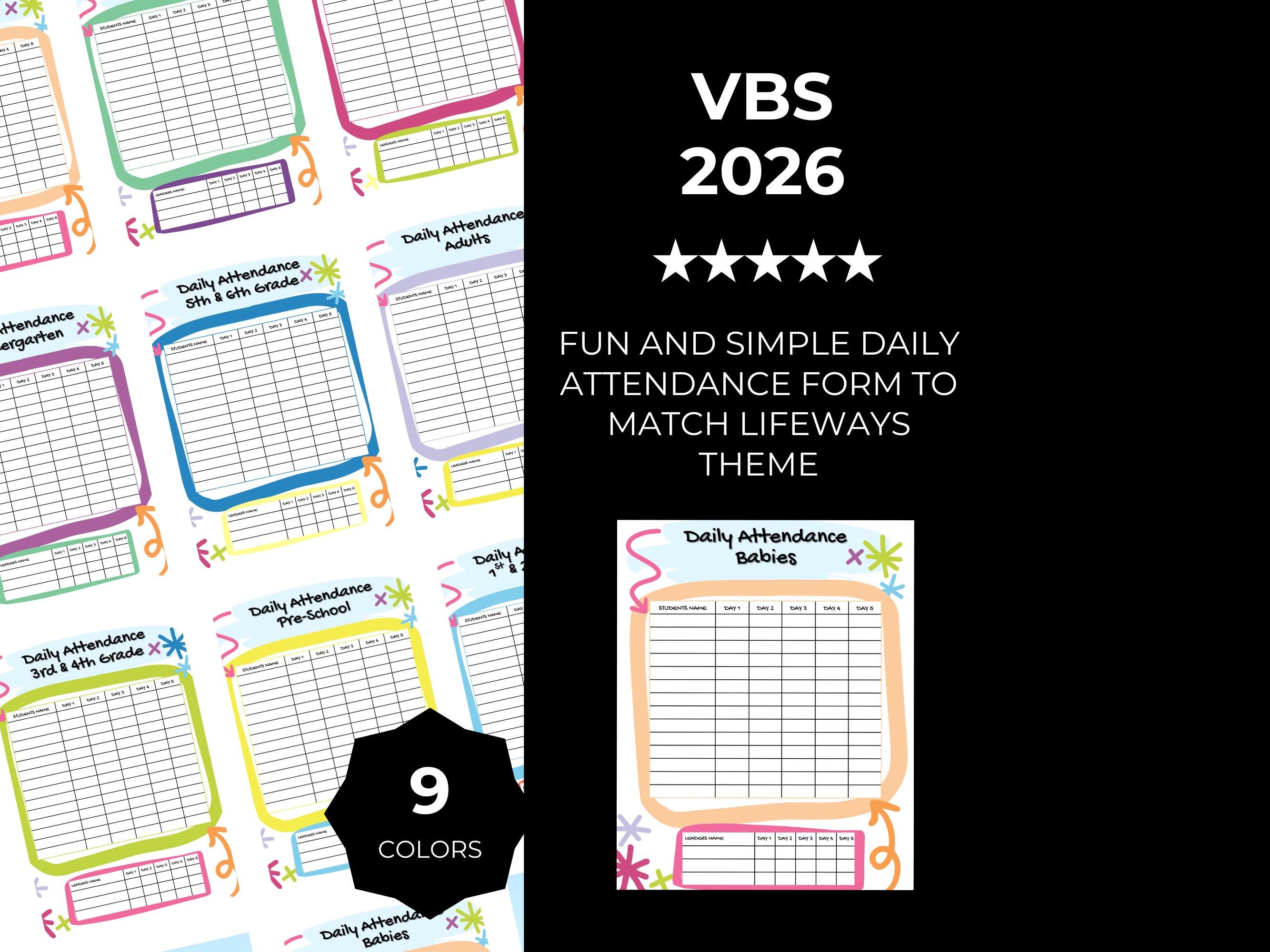 Vbs Layout Editable VBS 2026 Attendance Sheets Canva Template | Vacation Bible School Daily ...