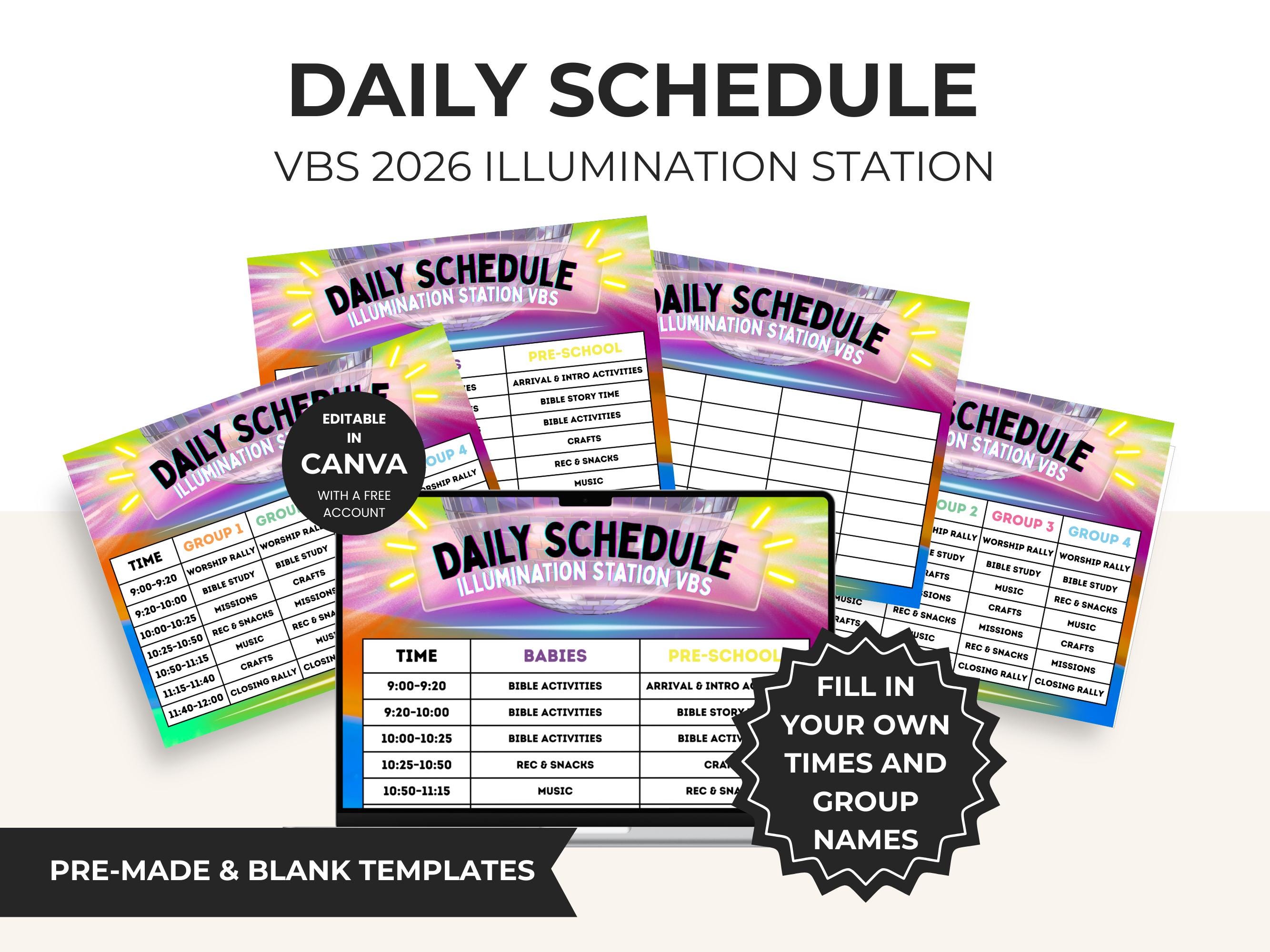 Vbs Layout Editable VBS 2026 Daily Schedule Template Canva | Vacation Bible School ...
