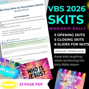 May include: A digital download for VBS 2026 skits, featuring a black background with neon yellow accents. The image includes text such as "VBS 2026 SKITS" and "5 Opening Skits". Additional elements include a PDF document and graphics.