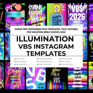 May include: A collection of colorful Instagram post templates for Vacation Bible School 2026. The templates feature various designs with text such as "VBS," "Illumination Station," and "Shine Bright." The overall theme is religious and educational.