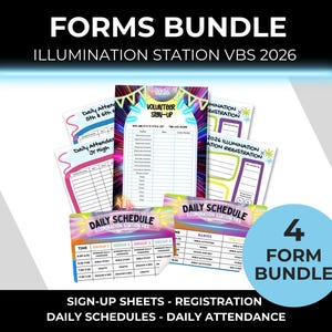 Pode incluir: Um pacote de formulários para o VBS Illumination Station 2026. Os formulários incluem folhas de inscrição de voluntários, formulários de registro, horários diários e folhas de presença diária. Os formulários são em várias cores e têm o texto "Forms Bundle".