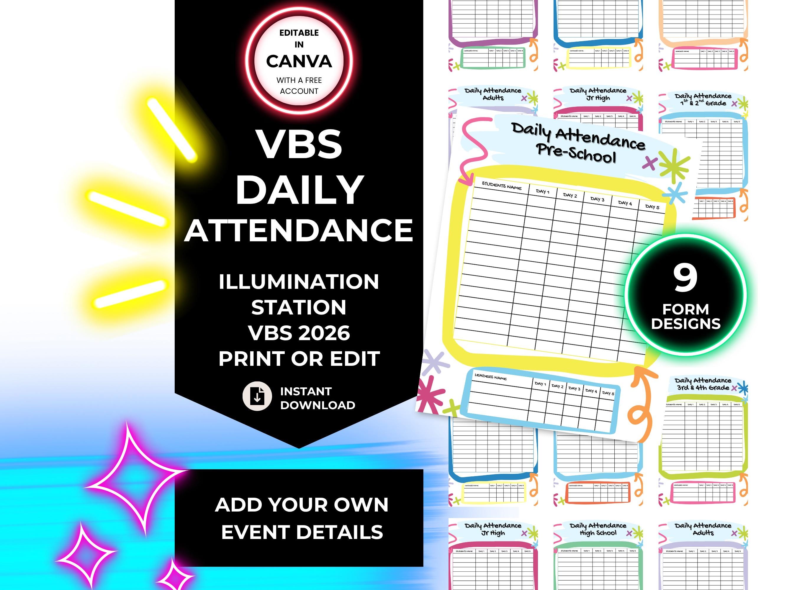 Vbs Layout Editable VBS 2026 Attendance Sheets Canva Template | Vacation Bible School Daily ...
