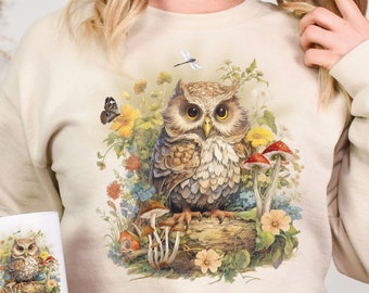 Woodland Owl Cottagecore Sweatshirt, Owl Sweatshirt, Owl Lover Gift, Cottagecore Whimsical, Woodland Animal, Cottagecore Gift, Fairycore
