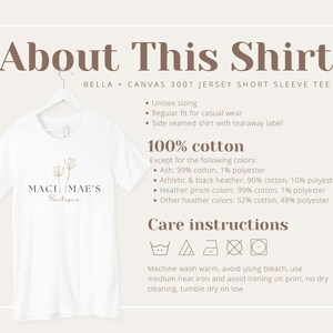 May include: White t-shirt with a brown floral design and the text "MACI MAE'S Boutique". The shirt is made of 100% cotton, except for certain colors which are a blend of cotton and polyester. Care instructions include machine washing warm, avoiding bleach, and tumble drying on low.