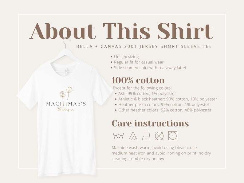 May include: White t-shirt with a brown floral design and the text "MACI MAE'S Boutique". The shirt is made of 100% cotton, except for certain colors which are a blend of cotton and polyester. Care instructions include machine washing warm, avoiding bleach, and tumble drying on low.