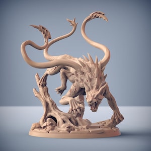 May include: A beige, detailed figurine of a snarling, monstrous creature with sharp teeth and claws. The beast has long, curved appendages and a spiky back. It is posed on a base with a tree trunk, skulls, and broken stone.
