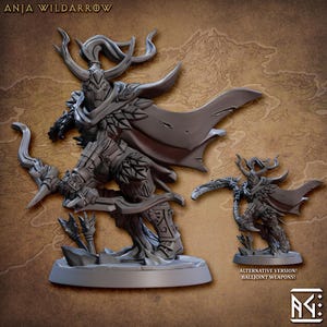 May include: A gray 3D printed miniature of a female warrior with antlers, a cloak, and a bow and arrow. The miniature is posed in a dynamic stance, ready for battle. The text "Anja Wildarrow" is visible at the top of the image. An alternative version of the miniature with ball-joint weapons is shown in the background.