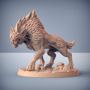 May include: A detailed miniature figurine of a snarling, wolf-like creature with a spiky mane, standing on a rocky base with a skull. The figurine is made of a light brown, unpainted resin.