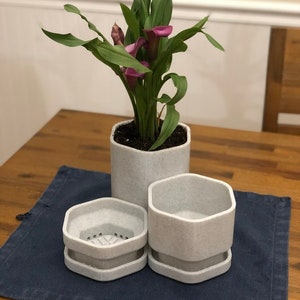 May include: Three white hexagonal plant pots, one with a purple flower, on a blue table runner.