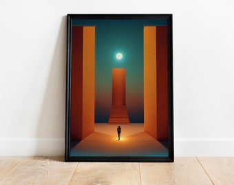 Surreal Woman Poster | Abstract Staircase Print | Minimalist Desert Landscape | Moonlit Architecture Art | Digital Download