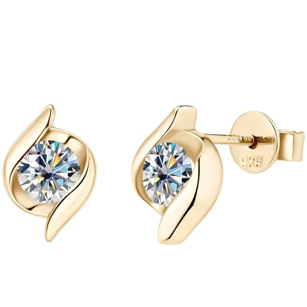 Moissanite Earrings, 5mm 0.5ct moissanite, twist stud earrings, Silver and Gold, D color moissanite, GRA certified, 925 sterling  silver