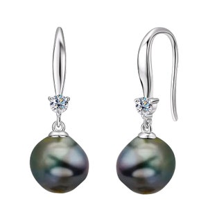 Natural Tahitian black Pearl earrings, Pearl size 8-9mm, sterling silver 925, moissanites embedded, Unique jewelry for women, hook earrings