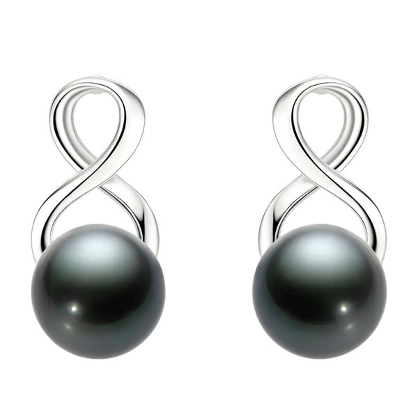 Natural Tahitian black Pearl earrings, Pearl size 7.5-8mm, sterling silver 925, Unique jewelry for women, infinite fashion earrings