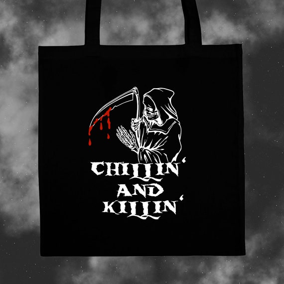 Spooky tote bag, elder emo, dark academia bag, black canvas bag, goth gifts, goth tote bag, spooky gifts, halloween decor, Grim reaper