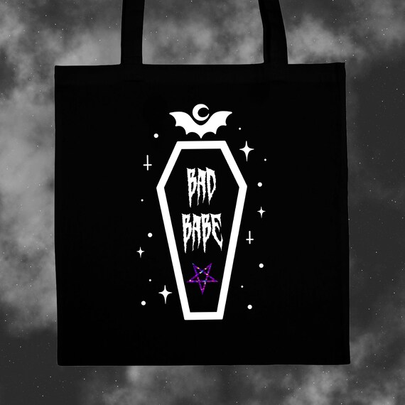 Bad babe tote bag, Spooky tote bag, black canvas bag, goth gifts, goth tote bag, spooky gifts, halloween decor, Bat decor, Vampire coffin