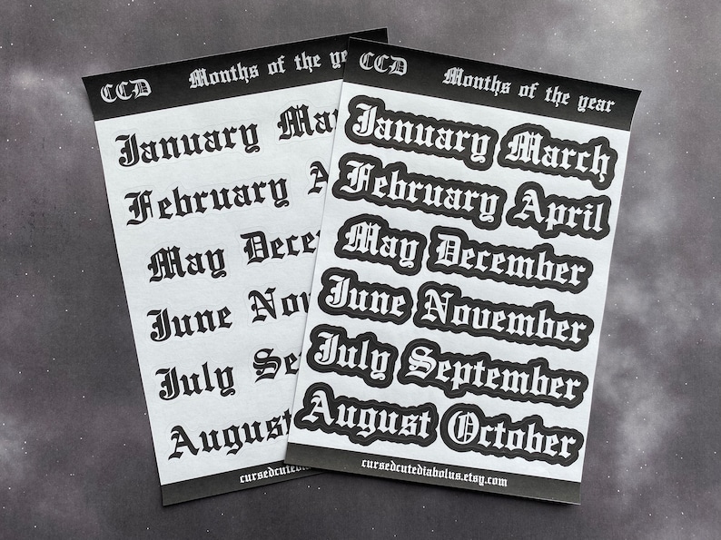 May include: Two sheets of white paper with black text. The text is in a gothic font and lists the months of the year. The text on the top sheet reads "CCD Months of the year" and the text on the bottom sheet reads "CCD Months of the year".