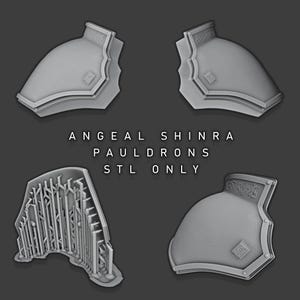 May include: A set of four 3D printed grey plastic shoulder pads, or pauldrons, with intricate designs. The text "ANGEAL SHINRA PAULDRONS STL ONLY" is printed below the shoulder pads.