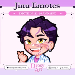 Peut inclure: Illustration numérique d'un personnage de dessin animé aux cheveux violets et aux yeux jaunes. Le personnage sourit et fait un geste de cœur avec les doigts. L'image comprend le texte "Jinu Emotes" et "EMOTE IN 112, 56 AND 28PX".