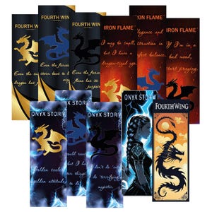 Op de afbeelding: Een set van 10 bladwijzers met draken en citaten over draken. De bladwijzers zijn in verschillende kleuren, waaronder zwart, goud, blauw en rood. De citaten op de bladwijzers zijn onder andere "Zelfs de hevigste storm buigt voor een drakenhart" en "Ik ben misschien klein, maar ik heb een drakenformaat ego."