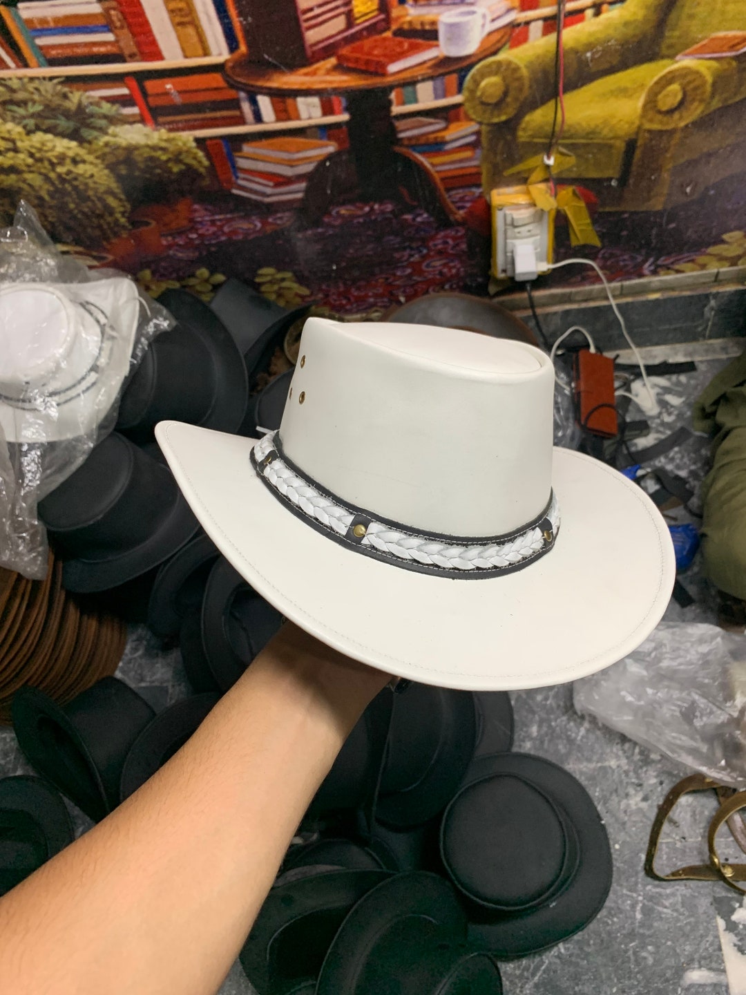 Cowboy Leather Hat biker Hat Leather Top Hat Handmade With 100% Cowhide