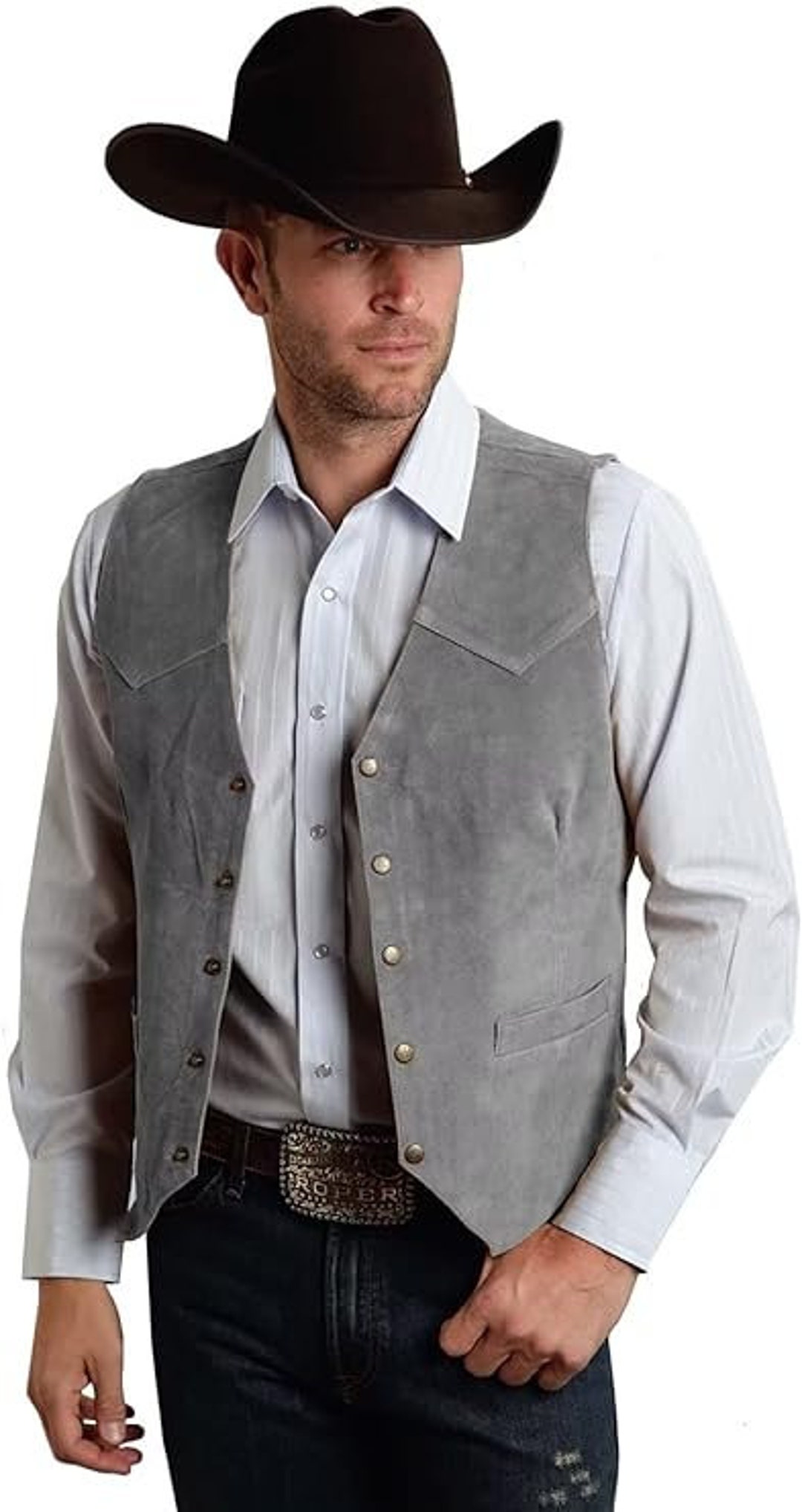 Light Grey Men's Leather Vest Vintage Cowboy Style Sleeveless Jacket ...