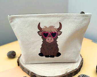 Highland Cow Pouch: Pink Sunglasses, Cotton Canvas Travel Case