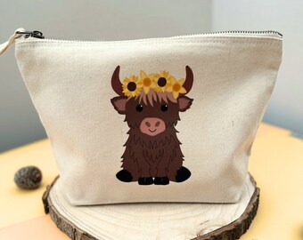 Highland Cow Canvas Pouch: Yellow Flower Crown Makeup Bag
