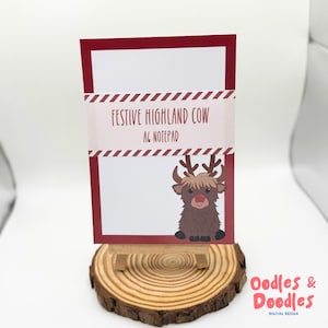 A6 Vache des Highlands festive | Bloc-notes de 50 feuilles | Rédaction de lettres | Liste de tâches | Bloc-notes | de bureau | Vache Rudolph Highland | Père Noël secret