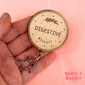Wooden Digestive Biscuit Keyring: Laser Engraved MDF with Star Clasp