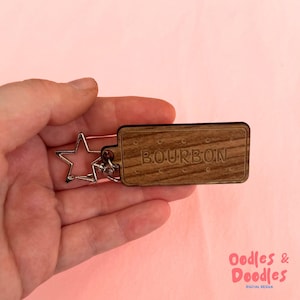 Wooden Bourbon Biscuit Keyring: Laser Engraved MDF with Star Clasp