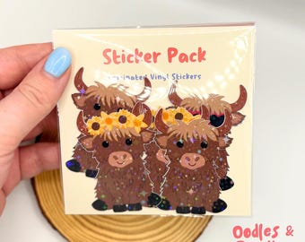 Holographic Highland Cow Stickers: Laminated Vinyl Decals