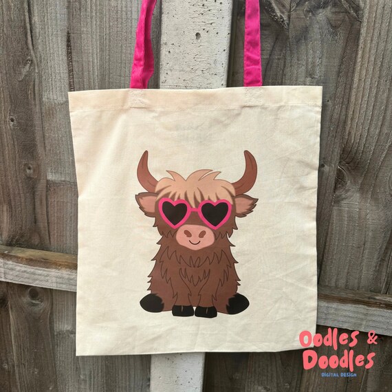 Highland Cow Tote Bag: Pink Sunglasses, Eco-Friendly Cotton