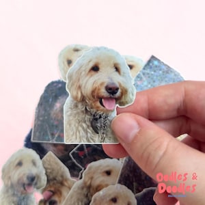 May include: A die-cut sticker of a smiling, pale-coloured dog with its tongue out. The dog wears a collar and tag. The sticker is held by a hand against a pink background, with other similar stickers visible.