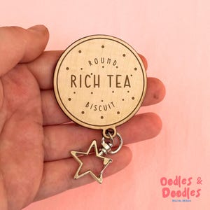 Handmade Wooden Rich Tea Biscuit Keyring with Star Clasp